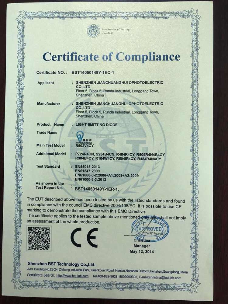 Shenzhen Jianchuanghui  Optoelectronics Co., Limited Certifications