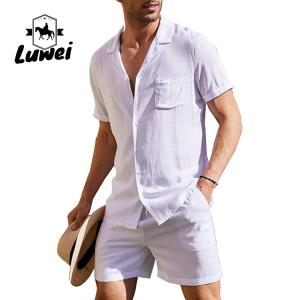 Wholesale Summer Men Shorts Set Plain Flax Cotton Breathable Solid Color Two Piece Suit from china suppliers