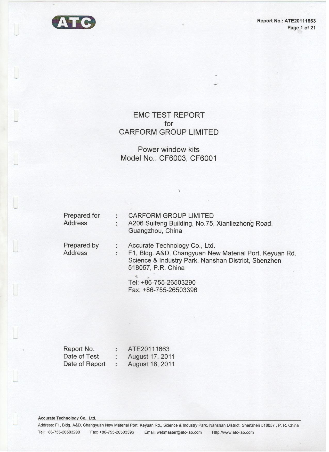 CARFORM GROUP LIMITED Certifications