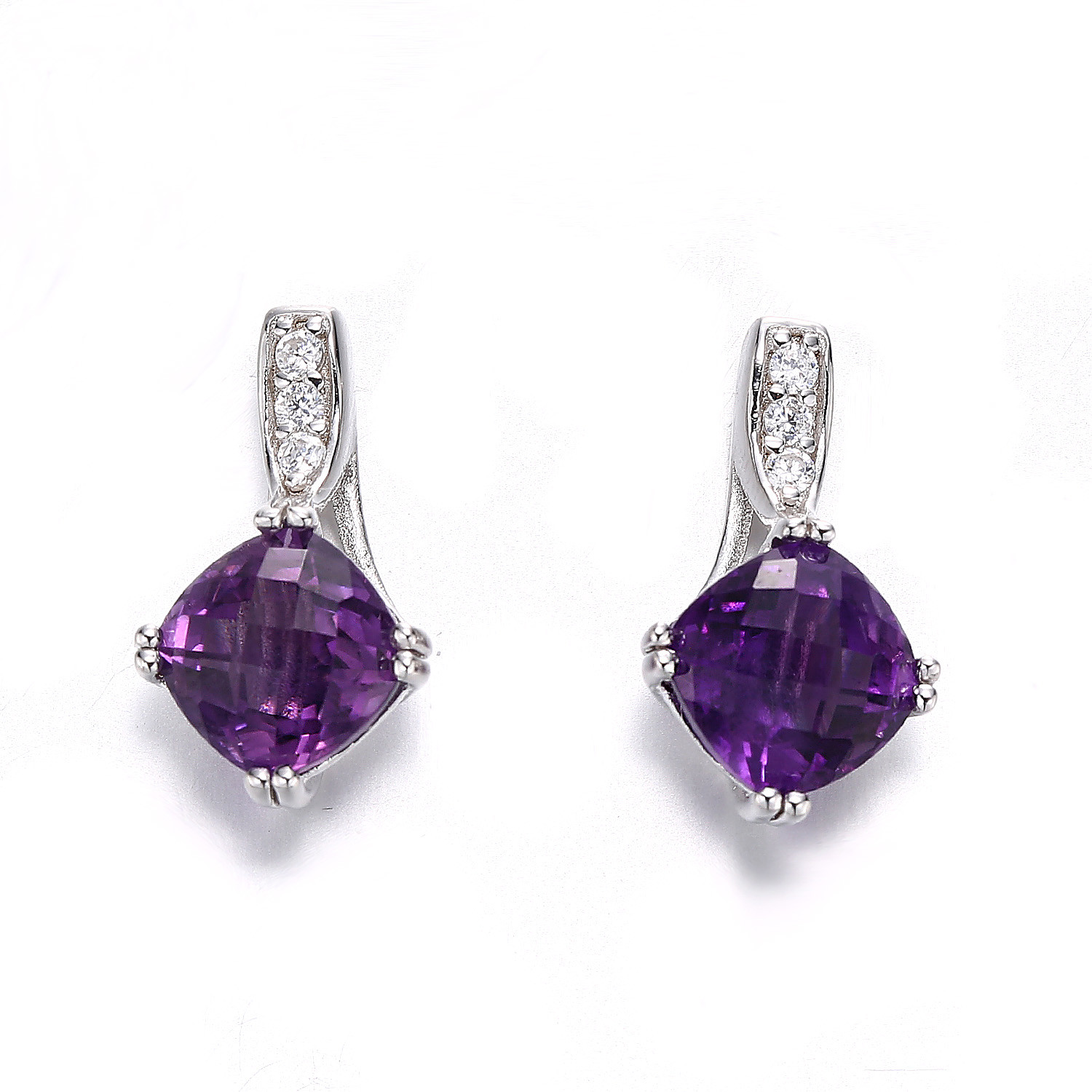 Wholesale 2.18g Sterling Silver Gemstone Stud Earrings Cushion White Gold Amethyst Earrings from china suppliers