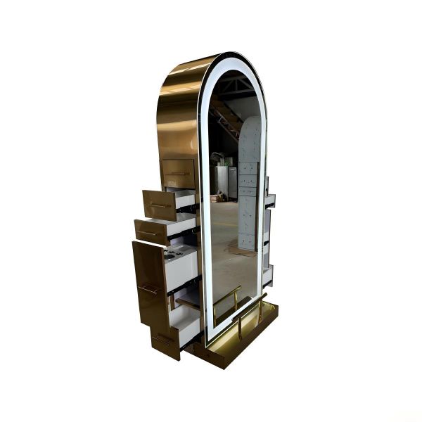 Kingstin Modern Floor-Standing Hair Salon Mirror Station Gold Stainless Steel Frame LED Barber Mirror Styling Unit