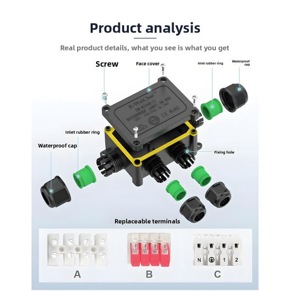 Waterproof Junction Box IP68 - 1-in-3-Out Cable Gland Through-Type for Data Power Lines