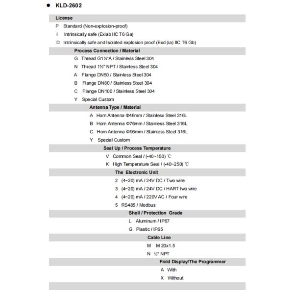 KLD 26GHz Series 4 - 20mA HART Radar Level Meter Solid Particles Level Meter