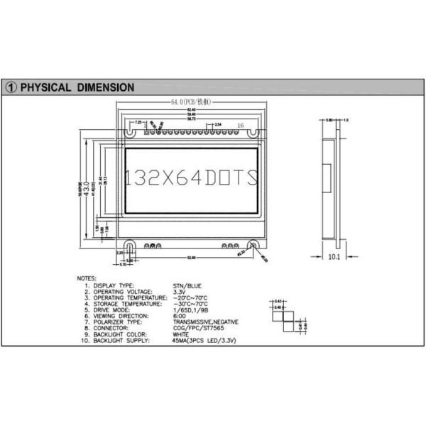 132*64 graphic LCD Module STN Blue wide temperature 6H negative industrial display with PCB