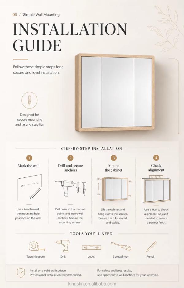 Kingstin Durable ABS Bathroom Mirror Cabinet, 3-Door Wall-Mounted Storage with Custom Size for Hotel Projects