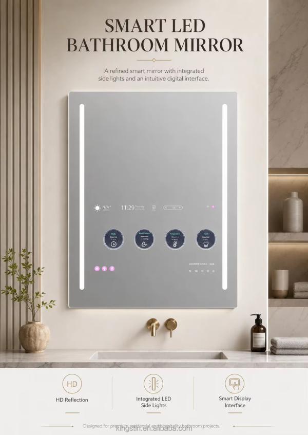 Custom Smart TV Bathroom Mirror with Android Touch Display, WiFi, Bluetooth and Side LEDs for Hotels,