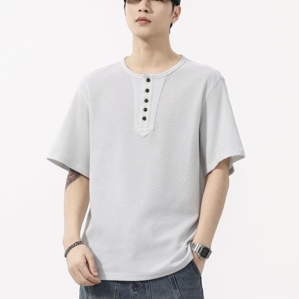 Minimalist Waffle O-Neck Regular Fit Solid Knitted Printed Cotton-Polyester Vintage T-shirt for Men's Autumn Casual OEM