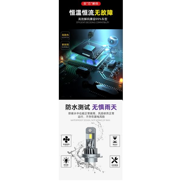 A51 Plug In Car LED Headlight Super Bright H4 Modified Car Headlights IP68 Rating