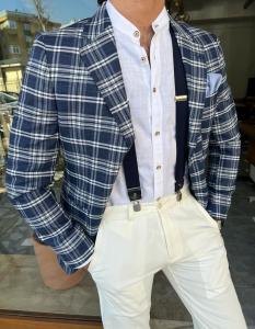 China 65% Viscose 32% Pes 3% Elastane Male Suit Jacket Dark Blue Plaid Blazer on sale