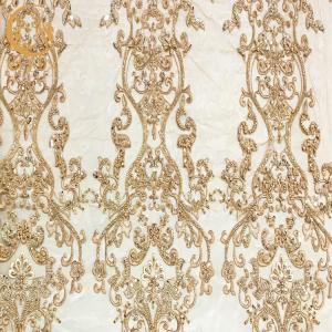 China Polyester Gold Beaded Embroidery Lace Fabric For Home Textile on sale