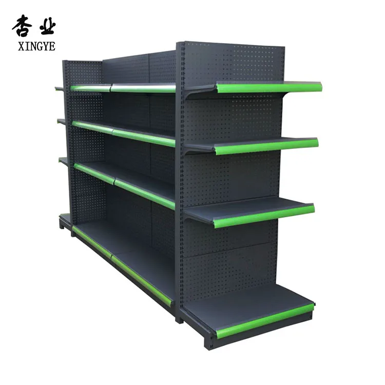 Factory Customized color size metal double-sided supermarket shelf black gondola shelving