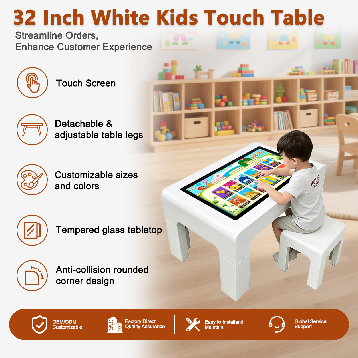 32 43 55 Inch Kids Interactive Game Table with 10 Point Capacitive PCAP Touch Screen Kiosk Waterproof Design