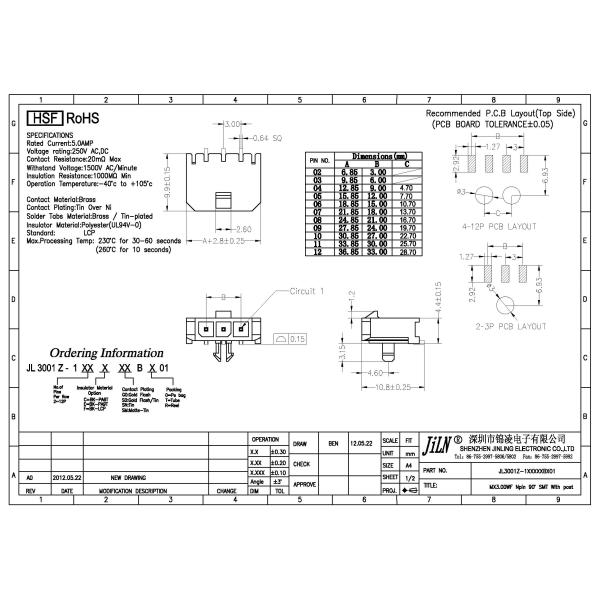 LCP Wafer Connector , Single Row Header Connector SMT Wire To Board Tin Plated