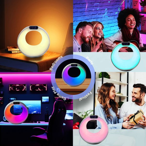 Table Lamp Alarm Clock Sunrise Wakeup Bedside Wireless Bluetooth Speaker 4-in-1 Night Light Multifunction Home Decor