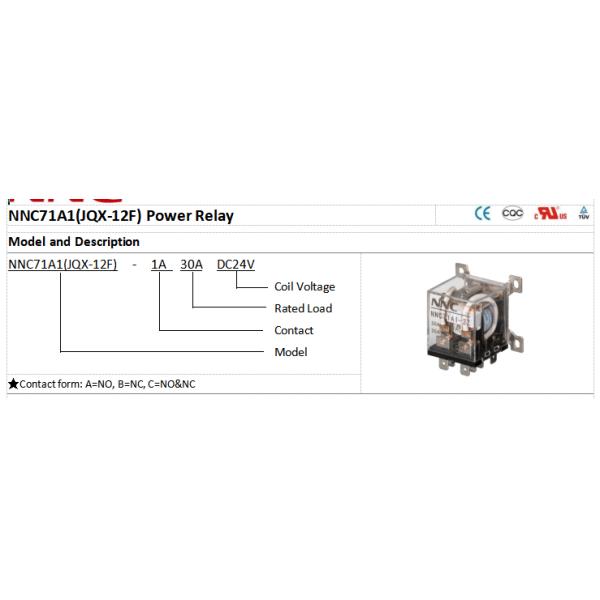 NNC 24VDC 30A JQX-12F Power Relay NNC71A1 Relay General Purpose for Car Charging pile Solar Energy