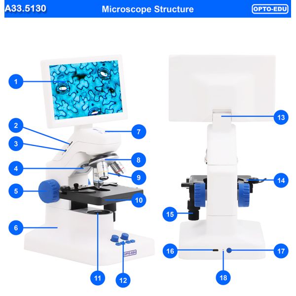 OPTO-EDU A33.5130 7'' LCD Microscope 8MP Camera 1080p Video HDMI/WiFi/USB Portable Design