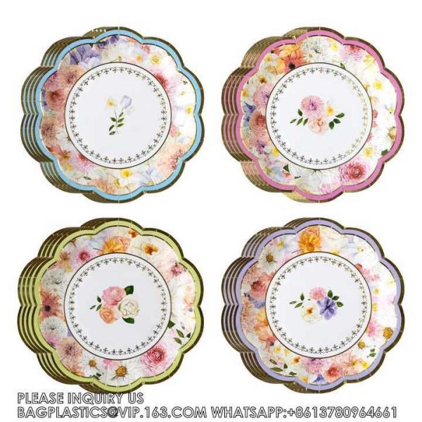 Tea Party Paper Plates Customized Disposable Plates Sets Flower Paper Tableware Set For Tea Party