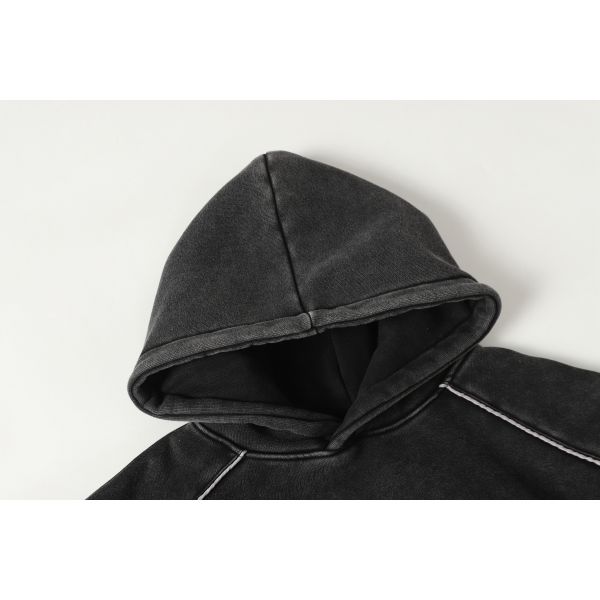 Dark Grey Washed Heavyweight Fleece Winter Hoodie Reflective Strip 3D Pattern Vintage Style Oversized Fit Breathable Windproof