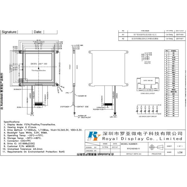 160*160 Graphic LCD Module With Standoffs 6H FSTN Positive Transflective Wide Temperature UC1698U