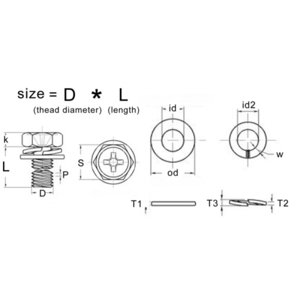 External hexagonal head cross slot washers attached combination screws