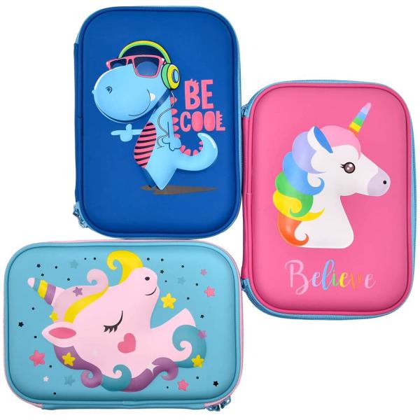 Waterproof EVA Pencil Case Featuring 3D Unicorn Design Elastic Pocket and Molded Foam Interior for Storage and Transport