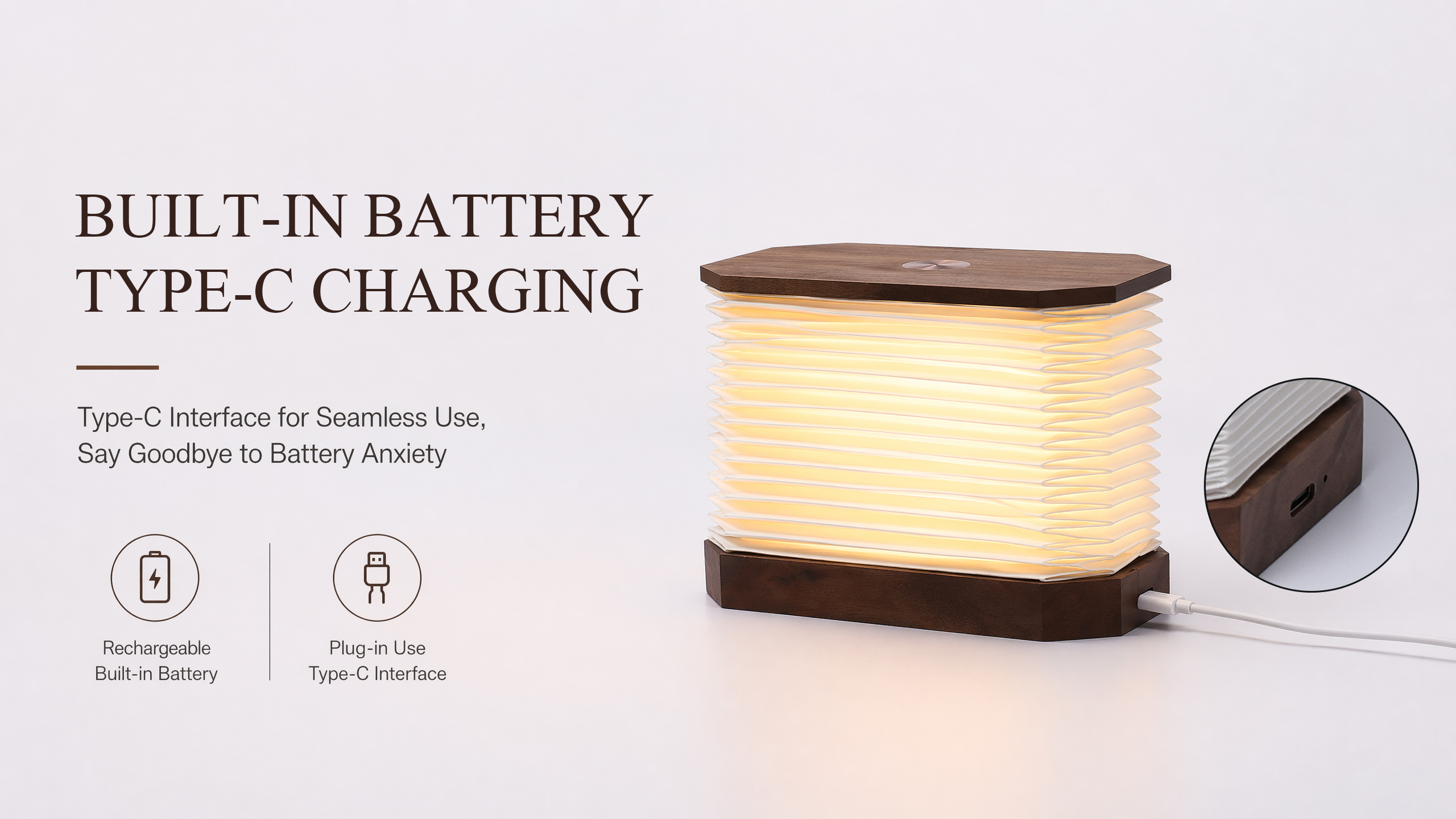 Flat-Fold Rectangular Paper Lamp for Small Spaces Upright Expandable LED Light with Wood Base Type-C Rechargeable Space-Saver