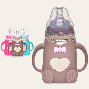 Wholesale bear shape high quality BFA free nature glass baby feeding bottle with silicone sleeve from china suppliers