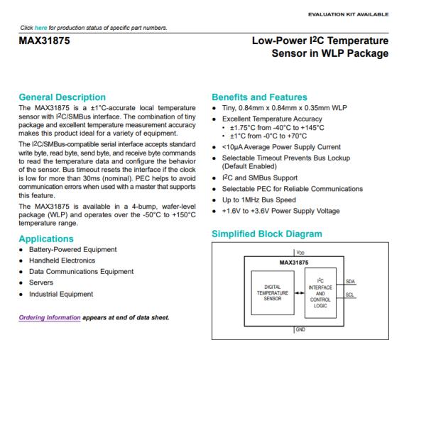 MAX31875R2TZS+T Temperature Sensor Digital Local -40°C ~ 125°C 12 b 4-WLP