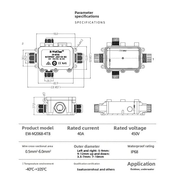 Waterproof Splitting Junction Box 1 Input 3 Outputs Integrated IP68