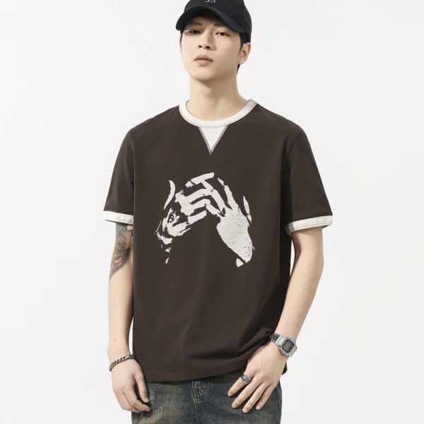 Vintage Knitted Retro Two Piece Heavyweight Solid Breathable O-Neck T-Shirt Men's Short Sleeved Summer Regular Fit 100% Cotton