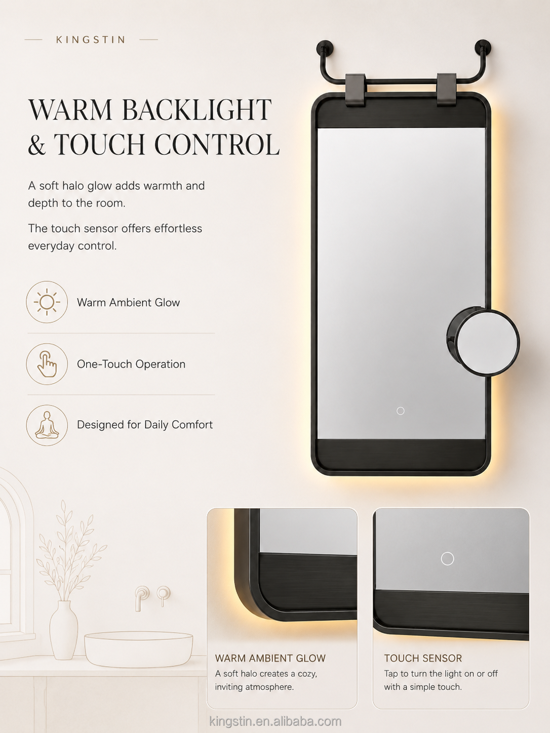Kingstin Modern Hanging LED Mirror Custom Size Backlit Bathroom Vanity Mirror Anti-Fog Smart Touch Makeup Mirror