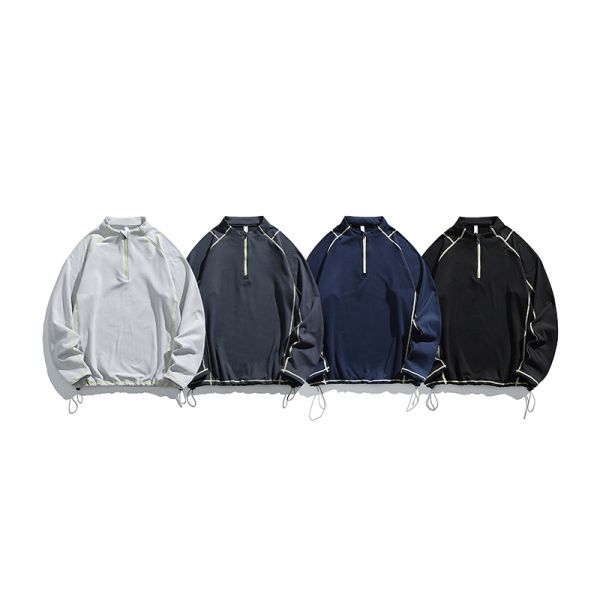Custom Men's Quarter Zip Stand Collar Thermal Fleece Pullover Antibacterial Contrast Stitching Outdoor Hiking Top