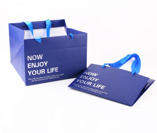 Quality Custom Printed Large Square Bottom Paper Carrier Bags With Satin Ribbon Handles for sale