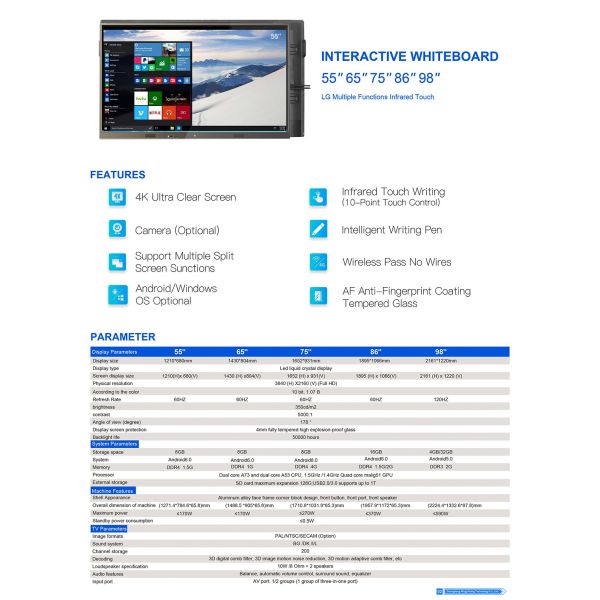 55 65 75 86 Inch Interactive Whiteboard 20 Points Touch Smart Board Digital Electronic Screen for School Office OEM