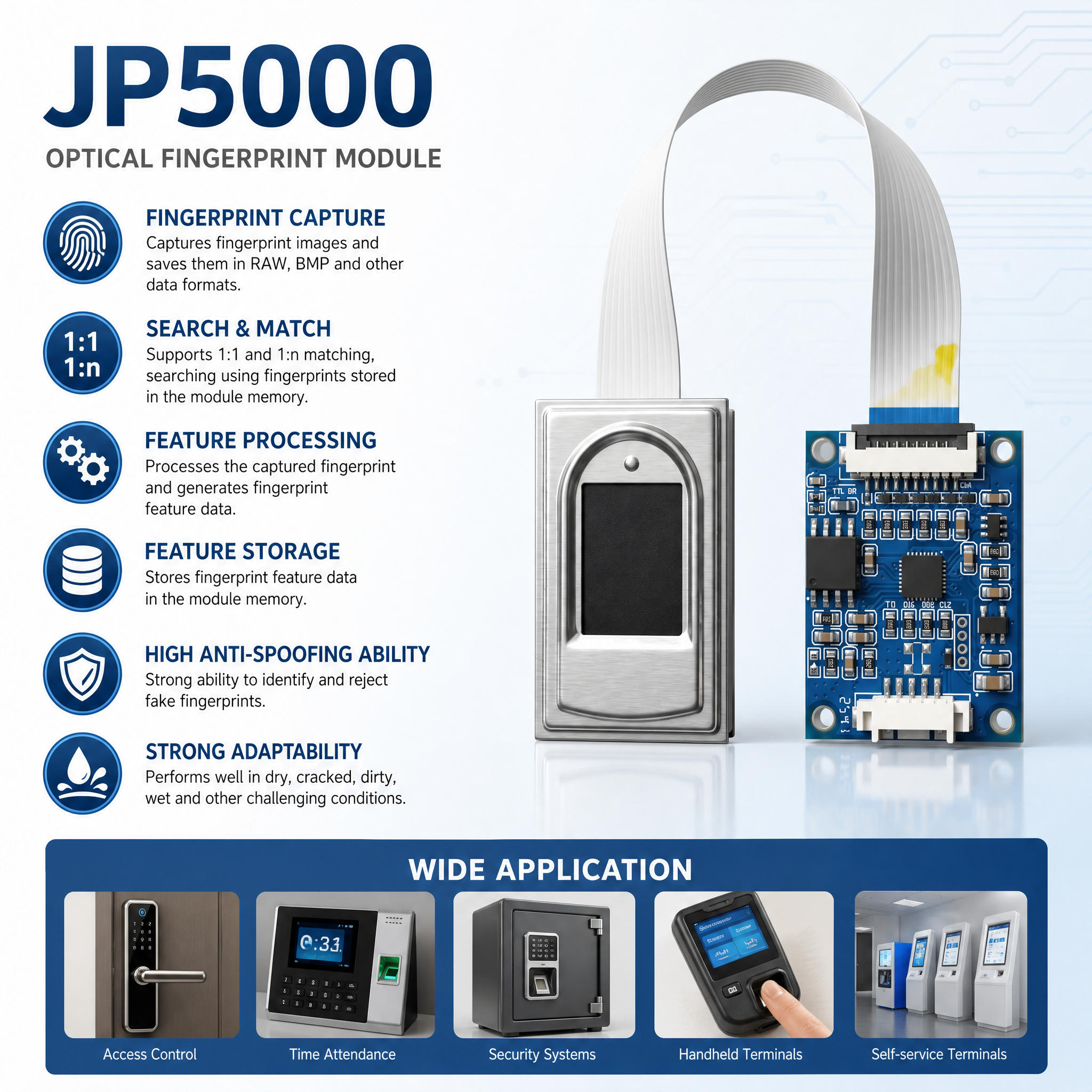 JP5000 Planar Press Capacitive Semiconductor Fingerprint Module 256*288 Pixel 508DPI UART USB Interface 5000 Fingerprint Storage Access Control Sensor