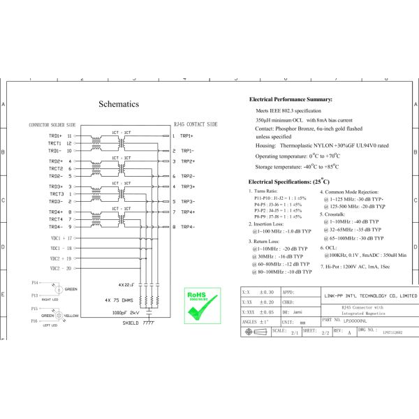 W/LED Shielded Rj45 Connectors Thru Hole For POE , XPH-RMP-061L-16W6-2Y