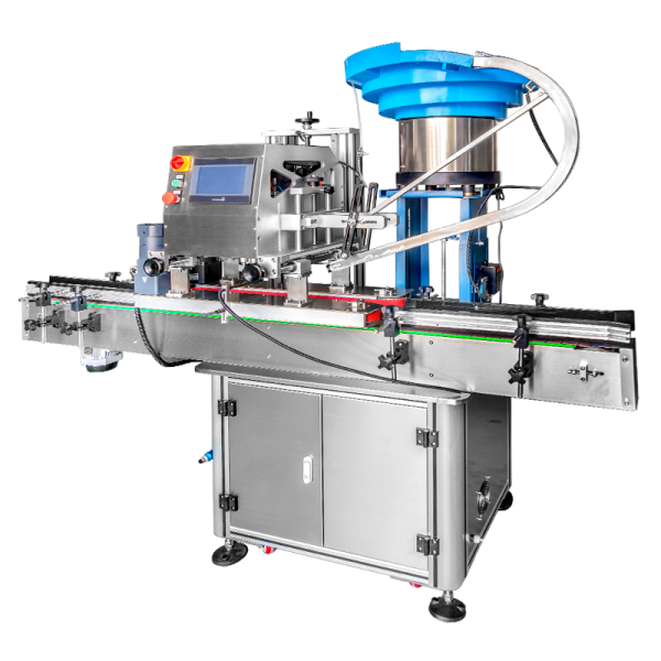 Four Wheel Automatic Glass Jar Capping Machine Glass and Plastic Bottle Capper Machine With Vibratory Feeder Elevator