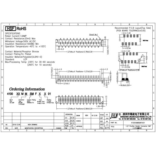 Tin Plated LCP Micro Match Connector , 1.27mm Picoflex Connector Male Header