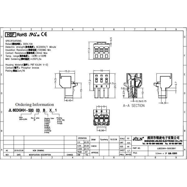 Through Wall PCB Terminal Blocks Connectors 5.0mm Pitch Male 3P 5P JL8EDGKH