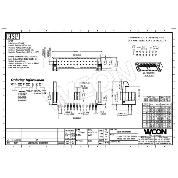 2.54mm pitch latch header PBT black brass 10 - 60 pins mating with 5212 / 5211