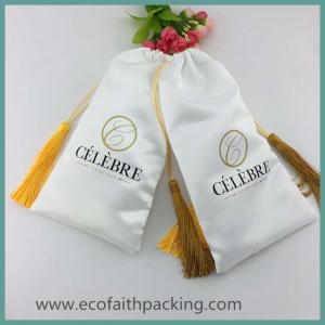 China White soft satin drawstring bag with golden tassels white  polyester satin gift bag on sale