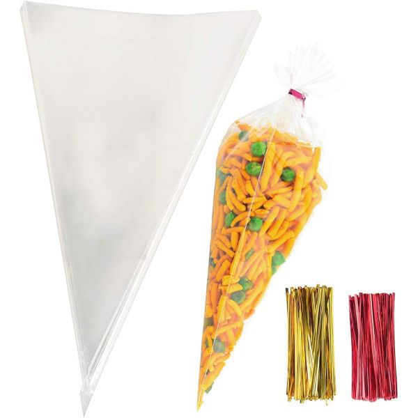 Customizable Clear Cellophane Plastic Popcorn Bag Cone Cellophane Bag For Food Packaging