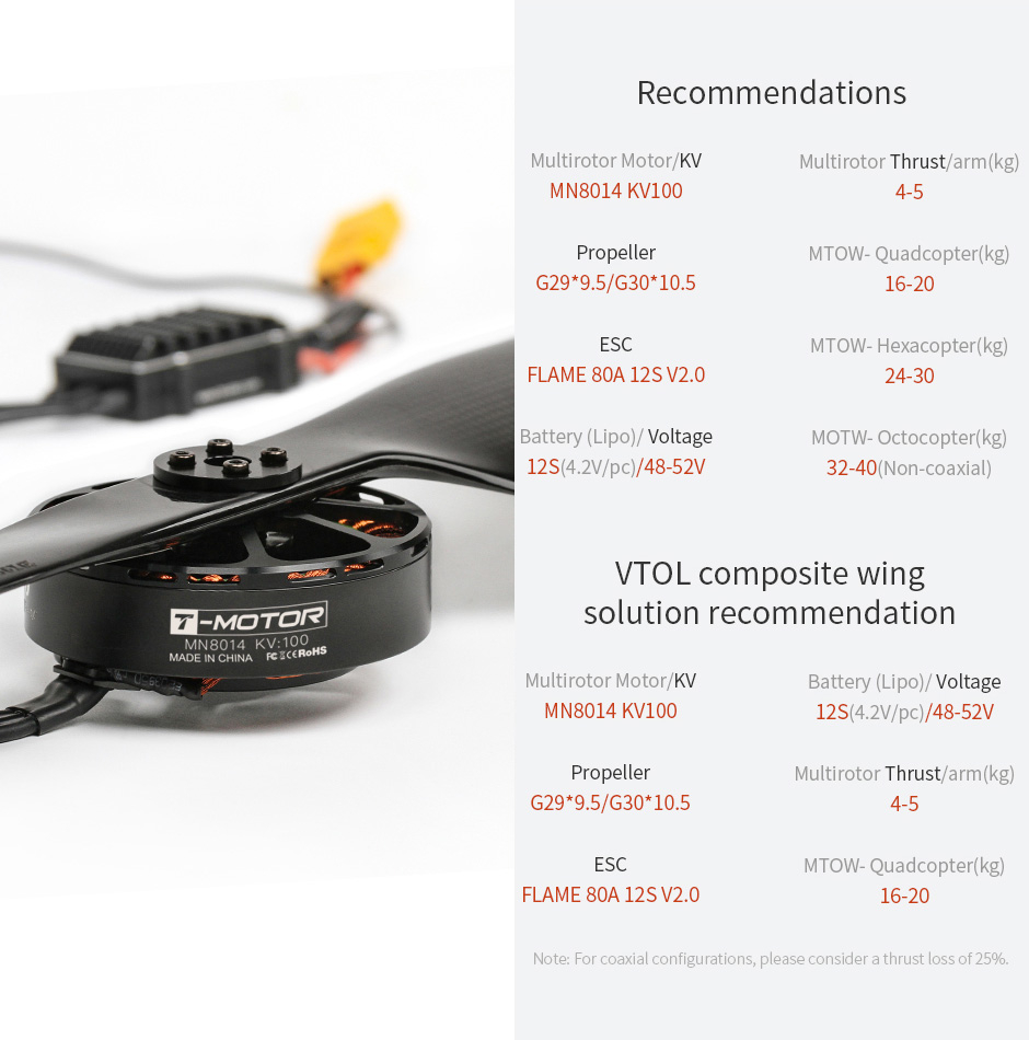 Antigravity MN8014 KV100 180 T-Motor Multi-Rotor Fixed Wing Efficient Brushless Motors And Lightweight Design.