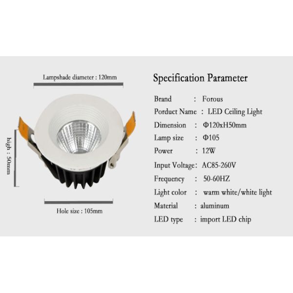 LED Ceiling Light 12W120*50