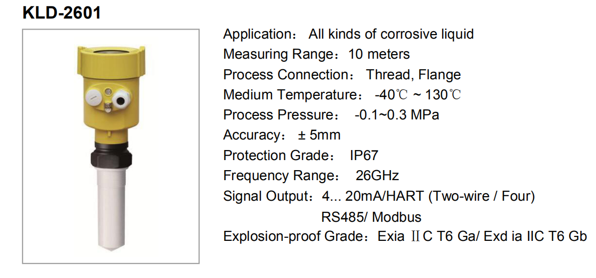4-20mA HART Radar Level Meter KLD Series Liquid Level Meter 26GHz