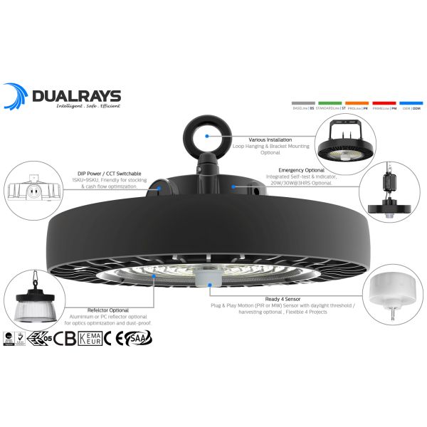 HB4H DIP Switchable Power and 3CCT UFO LED High Bay Light 100W 150LPW with Emergency function optional