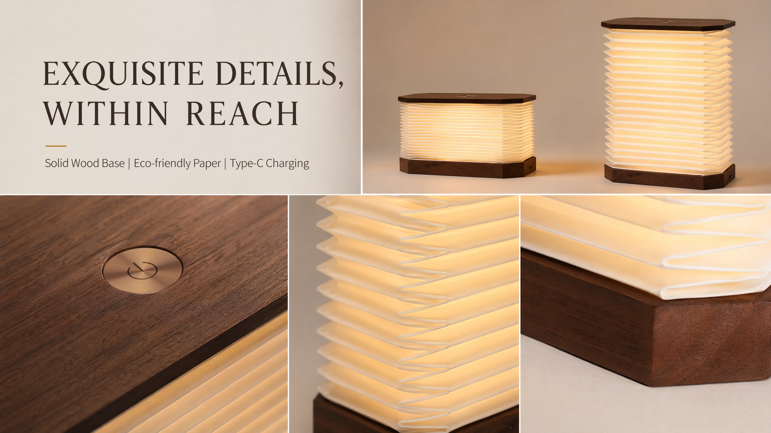 Flat-Fold Rectangular Paper Lamp for Small Spaces Upright Expandable LED Light with Wood Base Type-C Rechargeable Space-Saver