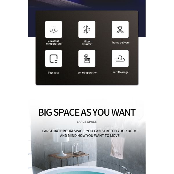 Acrylic Waterfall Bathtub and Whirlpool Bathtub Left Side Skirting Indoor Bathroom Bathtub