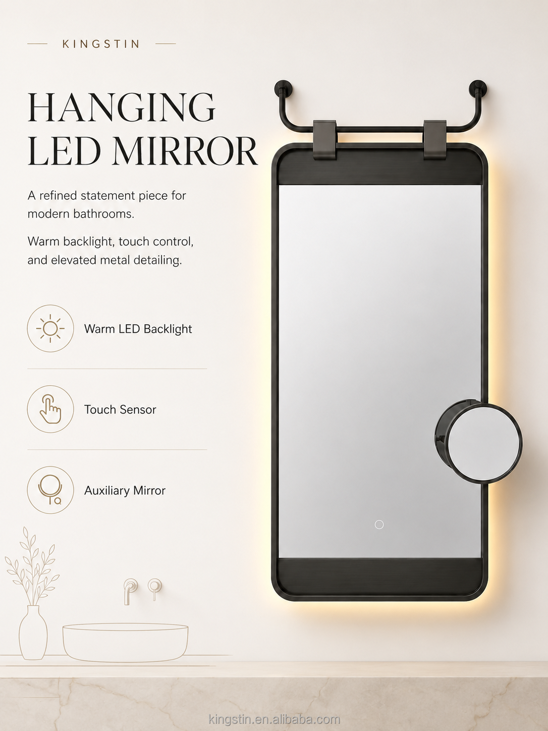 Kingstin Modern Hanging LED Mirror Custom Size Backlit Bathroom Vanity Mirror Anti-Fog Smart Touch Makeup Mirror