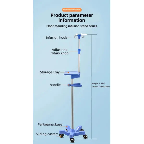 Adjustable Height Hospital Infusion Stand Easy to Move and Power Type Without Power in Blue